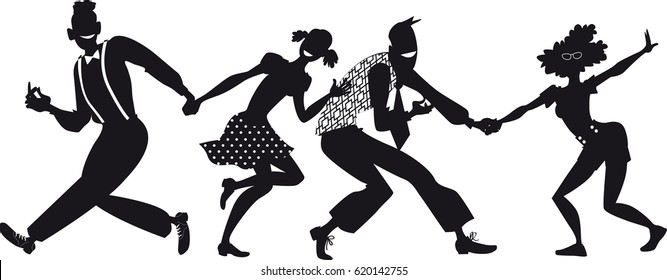 Vector silhouette of two couple dressed in vintage fashion dancing swing style, no white objects, black only, one solid silhouette, EPS 8