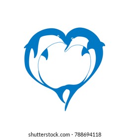 Vector silhouette of two dolphin couple in love with shape heart. Greeting card illustration for Valentine day