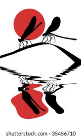 vector silhouette two dragonflies on herb