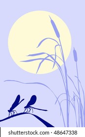 vector silhouette two dragonflies on herb