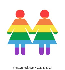 Vector silhouette two girls hold hands flag rainbow. Peaceful world, month of pride