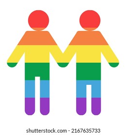 Vector silhouette two guys hold hands rainbow flag. Peaceful world, month of pride