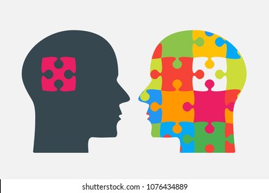 Vector silhouette two head puzzle pieces. Mental and brain illness. Business infographic concept. Shape symbol education, knowledge, psychology, memory, logic. Template design puzzles element.