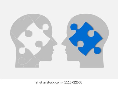 Vector silhouette two head puzzle pieces. Mental and brain illness. Business infographic concept. Shape symbol education, knowledge, psychology, memory, logic. Template design puzzles element.