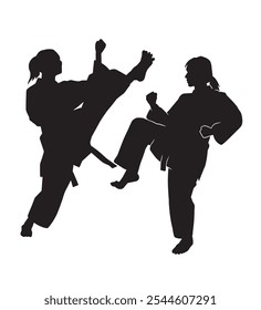 Vector silueta de dos mujeres de karate luchando patada y defensa