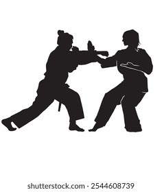 Silueta de Vector de dos mujeres de karate luchando contra los puñetazos y el bloqueo