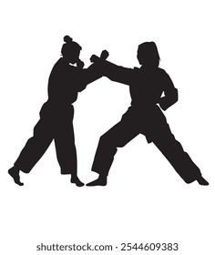 Silueta de Vector de dos mujeres de karate luchando contra el bloqueo