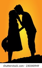 Vector silhouette of two lovers with sunset background.