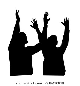 vector silhouette of two man raising hand