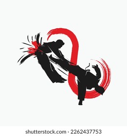 vector silhouette of two martial arts masters fighting with an infinity loop symbol behind them. Can be used in posters or t-shirts and printed as stickers. character kicking from below, man flying