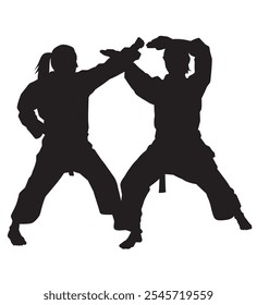 vector silhouette of two martial arts athletes attacking and defending