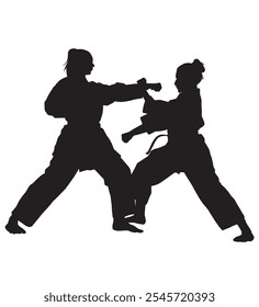 vector silhouette of two martial arts athletes attack and defend