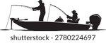 A vector silhouette of two men fishing on a bass boat silhouette vector illustration
