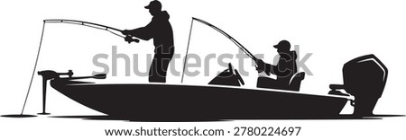 A vector silhouette of two men fishing on a bass boat silhouette vector illustration
