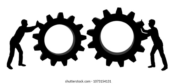 Vector silhouette of two men. They intend to connect the gears to achieve a balance. Business concept