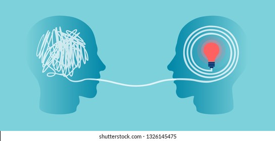 Vector silhouette of two profile heads one with scribbling and second with accurate right maze ending in a light bulb.
