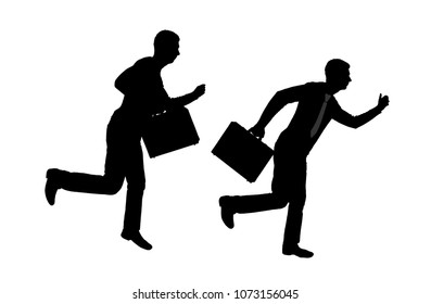 Vector silhouette of two running business men with briefcase. Business concept