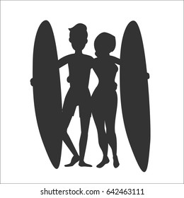 Vector silhouette of two surfers man and woman with surfboard