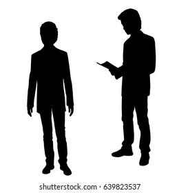 Vector silhouette of two teenagers, Notepad in hand, black color, isolated on white background