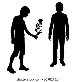 Vector silhouette of two teenagers, rose in hand, black color, isolated on white background