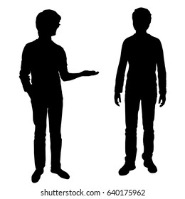 Vector silhouette of two teenagers, standing,  black color, isolated on white background