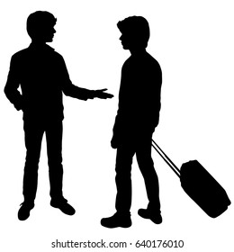 Vector silhouette of two teenagers, standing, suitcase, black color, isolated on white background