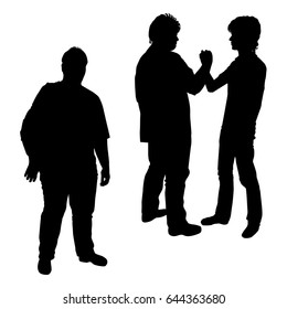 Vector silhouette of two teenagers, standing,  black color, isolated on white background