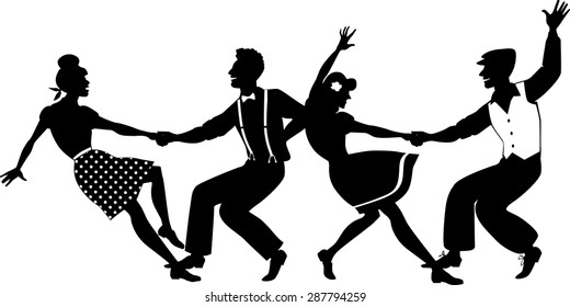 Vector silhouette of two young couple dressed in 1940s fashion dancing lindy hop or swing in a formation, no white objects, isolated on white, no transparencies, EPS 8