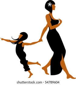 Vector silhouette two-tone of a mother and daughter. Girl put hers foot down and mother drag her.