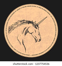 Vector silhouette of a unicorn. Black and white sketch for a postcard or logo. Horse with horn. Handmade doodle. Isolated zentangle
