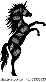 Vector silhouette of a unicorn with cherries. Card, poster, background, tattoo concept