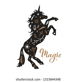 Vector Silhouette of Unicorn  in the flower, rustic pattern. Fairy tale forest  card, poster, background, tattoo concept