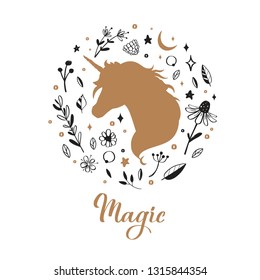 Vector Silhouette of Unicorn  head in the flower, rustic frame. Fairy tale forest collection