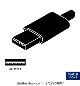 Silueta vectorial del icono Usb con fondo blanco, Ilustración del logotipo y plantilla.