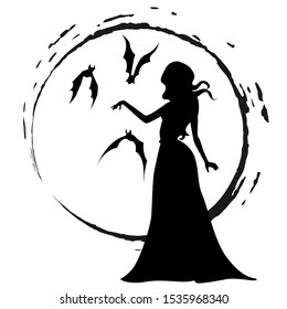 vector silhouette of vampire lady and her bats, halloween illustration