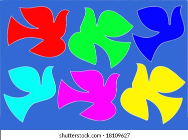 vector silhouette varicoloured dove on  blue background