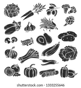 Vector silhouette vegetables icons set. Decorative retro style collection farm product for restaurant menu, market label. Cauliflower, zucchini, corn, artichoke, eggplant, garlic and etc.