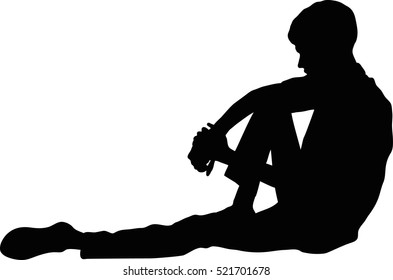 Vector silhouette of Very sad young man sitting alone on white background