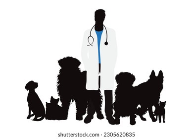 Vector silhouette of veterinary with group of animals on white background. Symbol of pet and vet.
