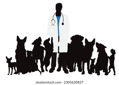 Vector silhouette of veterinary with group of animals on white background. Symbol of pet and vet.