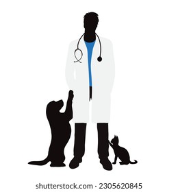 Vector silhouette of veterinary with group of animals on white background. Symbol of pet and vet.