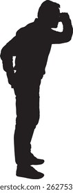  vector silhouette  view of standing man looking away with hand on forehead 