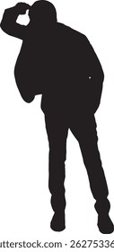  vector silhouette  view of standing man looking away with hand on forehead 