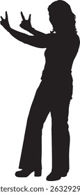 vector; silhouette view of a woman showing the sign of the horns with her fingers with two arms raised 
