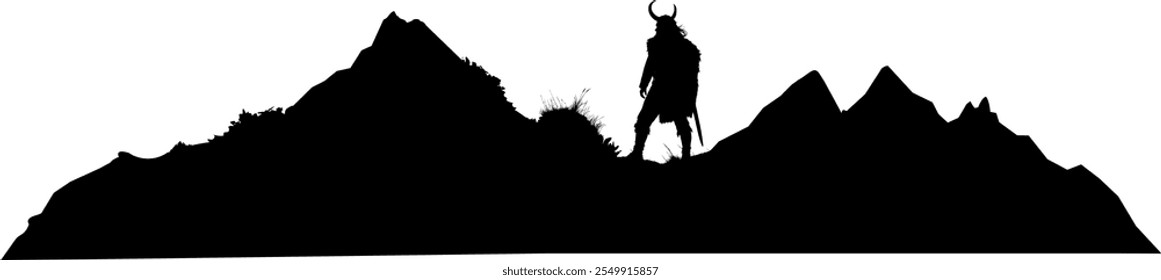 Silueta de Vector - Vikingo con cuernos de casco y espada frente a un paisaje con montañas y fiordos