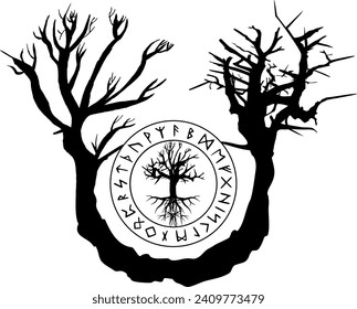 Vector silhouette - Viking symbols with trees - Yggdrasil and runes in a circle - Norse mythology