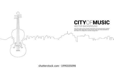 Vector silhouette of violin with city from one line. Concept for city of classic music.