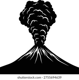 Vector silhouette of volcano eruption with smoke and lava illustration