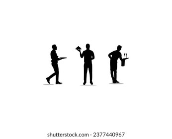 Vector silhouette of waiter. Set of restaurant professions silhouettes. Set of waiters in various poses. Waiter in restaurant silhouette vector on white background.