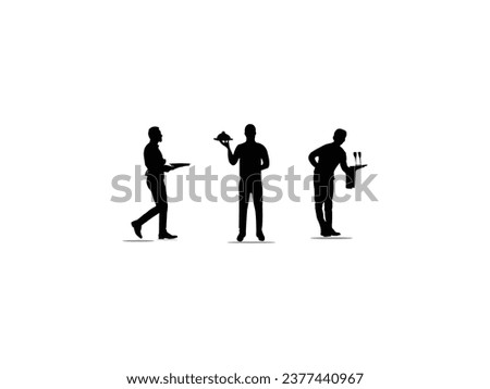 Vector silhouette of waiter. Set of restaurant professions silhouettes. Set of waiters in various poses. Waiter in restaurant silhouette vector on white background.